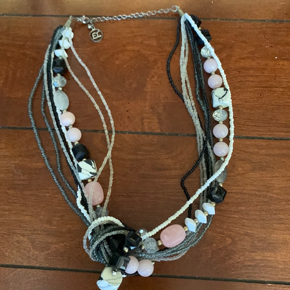 Pink, white, black, & gray beaded layered necklace